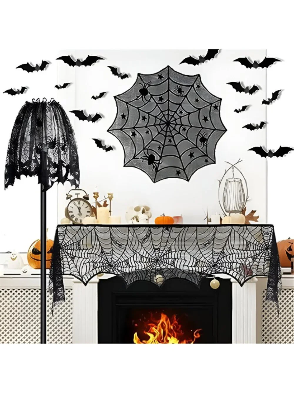 5Pack Halloween Spiderweb Tablecloth Runner Fireplace Scarf Lampshade Bats